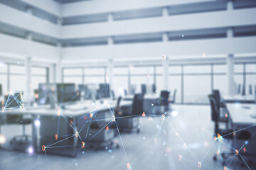 Abstract virtual wireless technology hologram on a modern furnished office background. Big data and database concept. Multiexposure
