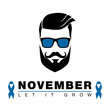 Man face with blue ribbon and lettering on white background for November month. Movember is prostate cancer awareness month. Awareness of men's health. Vector illustration. Moustache and blue ribbon