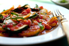 Close Up Of Summer Squash With Tomatoes And Basil Served On Plate