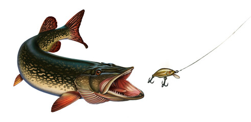 Wall Mural - The pike hunts for the golden wobbler bait. Great northern pike on the hunt illustration isolate realistic art.