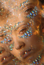 Kaleidoscope Portrait Of Pretty Girl With Crystals On Her Face