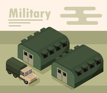 Military Camp With Barracks And Truck Transport