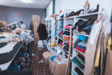 clothes fabric on shelves in clothing manufacturing factory