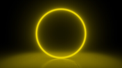 Circle neon yellow light in black hall room. Abstract geometric background. Futuristic concept. Glowing in concrete floor room with reflections. 3d rendering