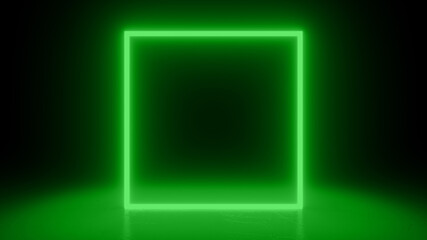 Square neon green light in black hall room. Abstract geometric background. Futuristic concept. Glowing in concrete floor room with reflections. 3d rendering