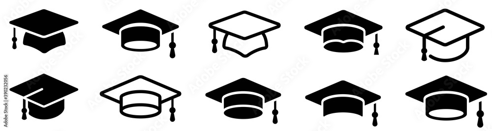 Graduation hat cap icons set. Academic cap. Graduation student black cap and diploma - stock vector. - obrazy, fototapety, plakaty 