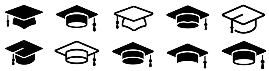 graduation hat cap icons set. academic cap. graduation student black cap and diploma - stock vector.