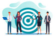 © NikAndr - Businessmen discuss tasks and goals.People near the target with an arrow.A team that achieves a goal.The development objectives of the new project.Teamwork successful goals.Flat vector illustration .