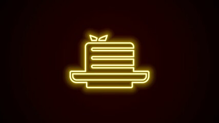 Sticker - Glowing neon line Medovik icon isolated on black background. Honey layered cake or russian cake Medovik on plate. 4K Video motion graphic animation