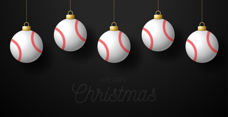 Merry Christmas baseball greeting card. Hang on a thread baseball ball as a Christmas ball on black horizontal background. Sport Vector illustration.