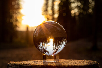 Wall Mural - Juggling ball reflecting the sunlight in the forest. Concept about lifestyle, travel and leisure. 