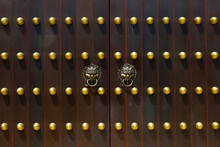 Door Handle With Lion Design In Buddhist Chinese Temple Door