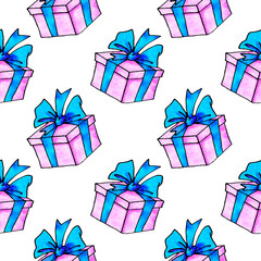 Seamless pattern with gift boxes. Festive backgrounds and textures. For greeting cards, wrapping paper, textile, prints, birthday, Valentines day, Xmas, holidays