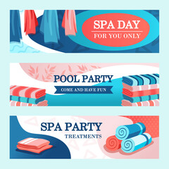 Wall Mural - Spa party banners design with towels. Bright modern leaflet with rolled and stacked towels. Spa and relaxation concept. Template for poster, promotion or web design