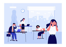 Exhausted Office Employees At Work. Desk, Morning, Headache Flat Vector Illustration. Stress And Occupation Concept For Banner, Website Design Or Landing Web Page