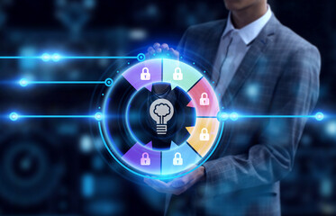 business, technology, internet and network concept. young businessman working on a virtual screen of