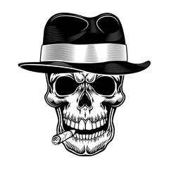 Poster - Gangster skull vector illustration. Head of skeleton in hat with cigar in mouth. Criminal and mafia concept for gang emblems or tattoo templates