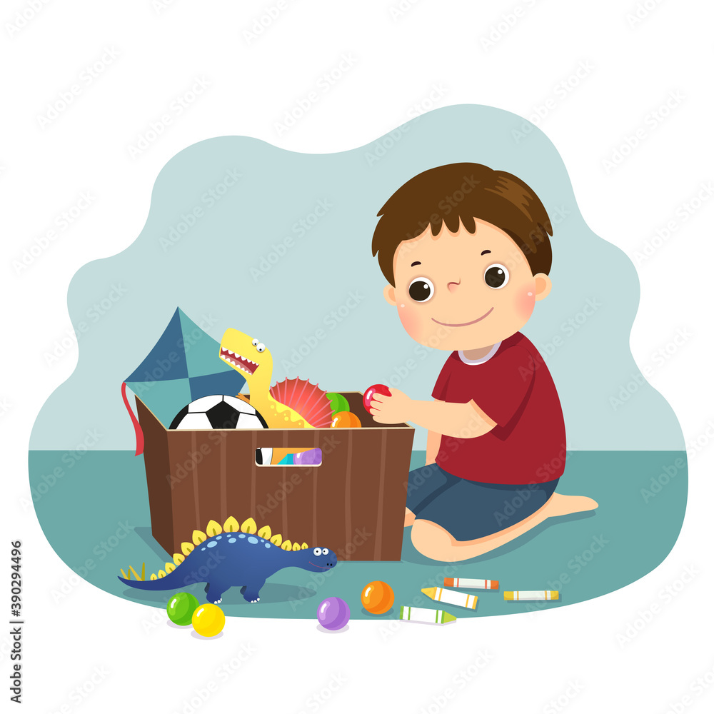 Vector illustration cartoon of a little boy putting his toys into the box.  Kids doing housework chores at home concept. Stock Vector | Adobe Stock, image size:1000x1000