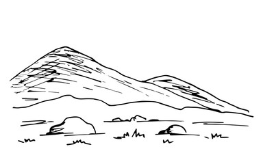 Wall Mural - Simple hand-drawn vector black and white sketch. Mountain landscape, desert rocky terrain, dry grass. Nature, tourism and travel.