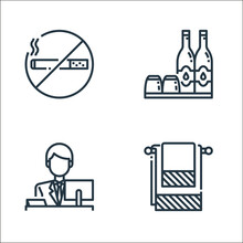 Hotel Essentials Line Icons. Linear Set. Quality Vector Line Set Such As Towel, Reception, Water.