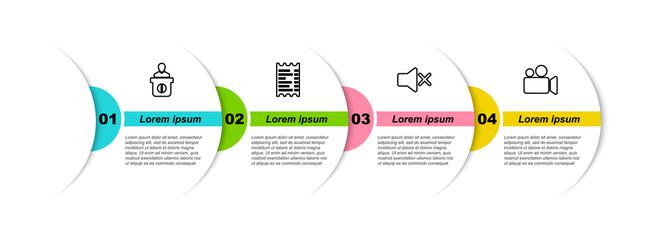 Wall Mural - Set line Information desk, Paper financial check, Speaker mute and Movie Video camera. Business infographic template. Vector.