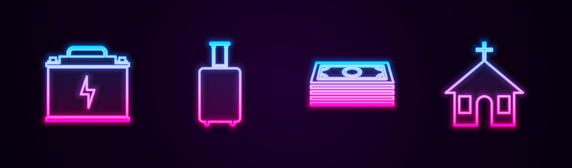 Sticker - Set line Car battery, Travel suitcase, Stacks paper money cash and Church building. Glowing neon icon. Vector.