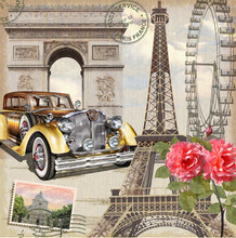 Paris Vintage Postcard With Retro Car And Eiffel Tower.