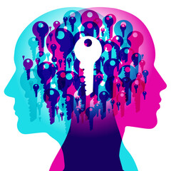 Wall Mural - A Male and Female side silhouette profile overlaid with various blending semi-transparent key shapes. Overlaid centrally is a solid white key icon.
