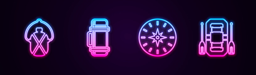 Wall Mural - Set line Canteen water bottle, Thermos container, Compass and Rafting boat. Glowing neon icon. Vector.