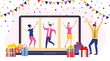 © Rogatnev - Online party, birthday, meeting friends. People drink wine together in quarantine. Video chat. Birthday party web camera and online holiday. Vector illustration in flat style