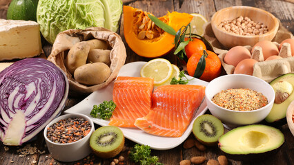 Poster - health food selection- fruit, vegetable, cereal and fish