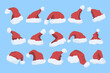 © Big-Team-Studio ✅  - Big set of cartoon Santa hat isolated on blue transparent background. Concept Happy New Year. Flat vector illustration decoration. Santa claus hat colllection, holiday cap to xmas