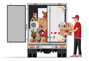 Wall Mural - Delivery truck full of home stuff inside. Moving to new house. Family relocated to new home. Boxes with goods. Package transportation. Computer, lamp, clothes, books. Flat vector illustration