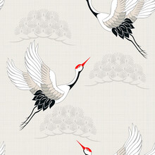 Seamless Pattern With Birds. Royal Crane. Ornament With Oriental Motifs. Vector.