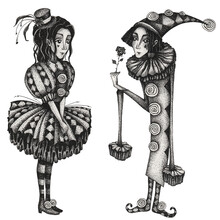 Monochrome Graphic Hand Drawn Pierrot And Colombina (Pierrette) Isolated On White Background