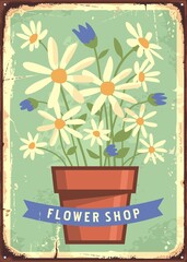 Poster - Flower garden vintage sign with potted plant. Daisies retro decoration poster for flower store. Vector illustration.