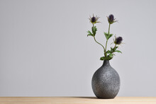 Modern Ceramic Vase With Thistle Flower On Gray Background