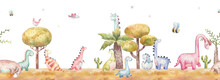 Seamless Border Pattern With Dinosaurs In Nature, Trees, Cacti, Childrens Watercolor Illustration On A White Background