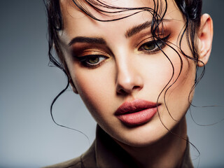 Wall Mural - Closeup portrait of a beautiful young fashion woman with glamour makeup posing at studio.