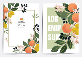 Wall Mural - Vector illustration of a beautiful floral frame set with fruits. Design for cards, party invitation, Print, Frame Clip Art and Business Advertisement and Promotion