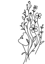 One Line Drawing. Beautiful Young Woman With Long Hair And Decorative Herb And Wild Flowers. Natural Cosmetic Concept. Vector Illustration.