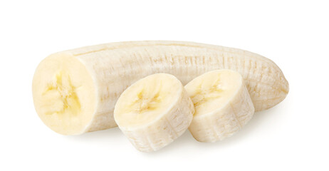 Wall Mural - Peeled and sliced banana isolated on white background. Full depth of field.