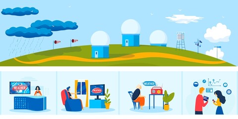 News weather meteorology service vector illustration. Cartoon flat people watching meteorologist tv radio program forecast, meteorological center station with weather measuring equipment background