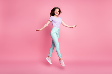 Sticker - Full size photo of nice cute lovely pretty girl jump enjoy spring weekend wear good look clothes footwear isolated over pink color background