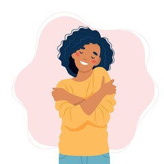 Self love concept, woman hugging herself, vector illustration in flat style