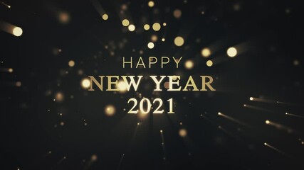 Wall Mural - 4k animation. happy new year greetings video card with shining golden bokeh particles on a backgroun