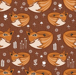 Wall Mural - Seamless scandinavian pattern. Vector kids background with fox and different elements. Design for prints, shirts and posters.