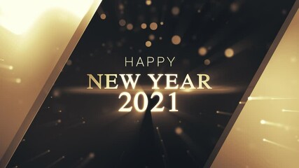 Wall Mural - 4k animation. happy new year greetings video card with shining golden bokeh particles on a backgroun