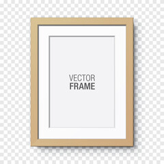 Wall Mural - Vertical wooden frame with Passepartout hanging on a transparent background. Blank elegant frame template, for image or text placement. Rectangular shape picture frame, realistic vector mockup.