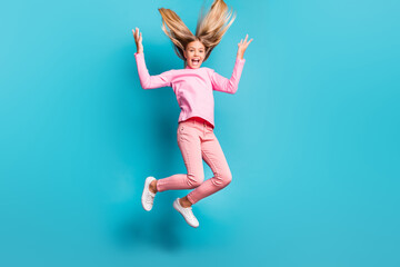 Canvas Print - Full size photo of funky cool teenager jump yell hair up wear pink pants poloneck white footwear isolated on teal background